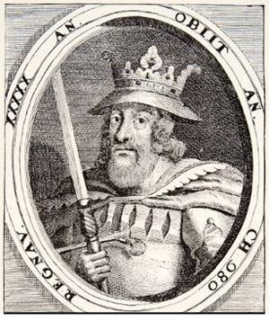 An artist's rendering of King Harald Bluetooth, not smiling.